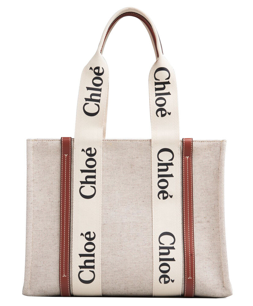 Chloe Medium Woody Tote Bag Canvas with Leather Cream/Coffee